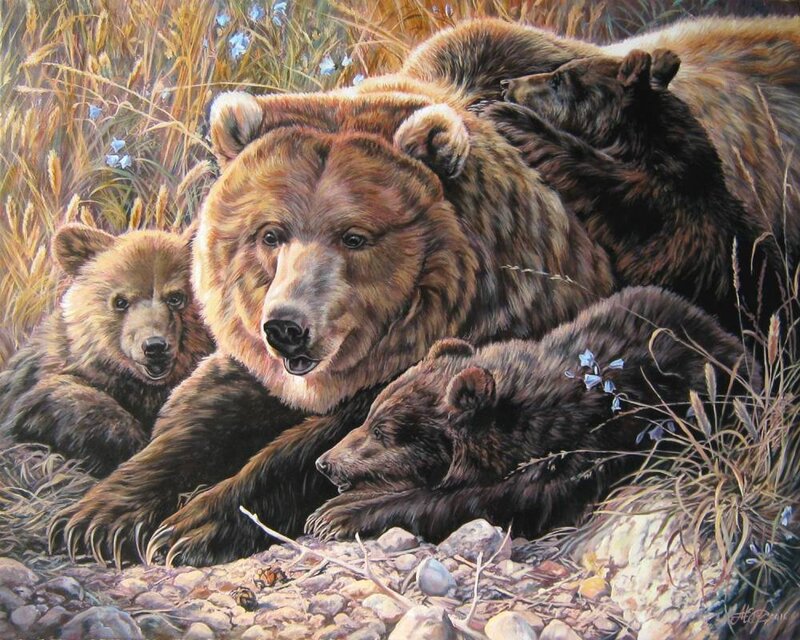 Brown Bear Family — Serene, Summer, Painting