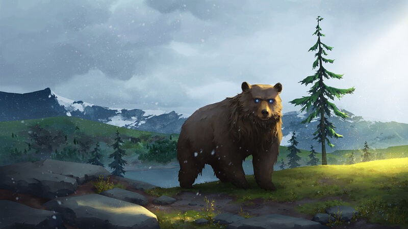 Brown Bear in Forest — Green, Dramatic, Winter