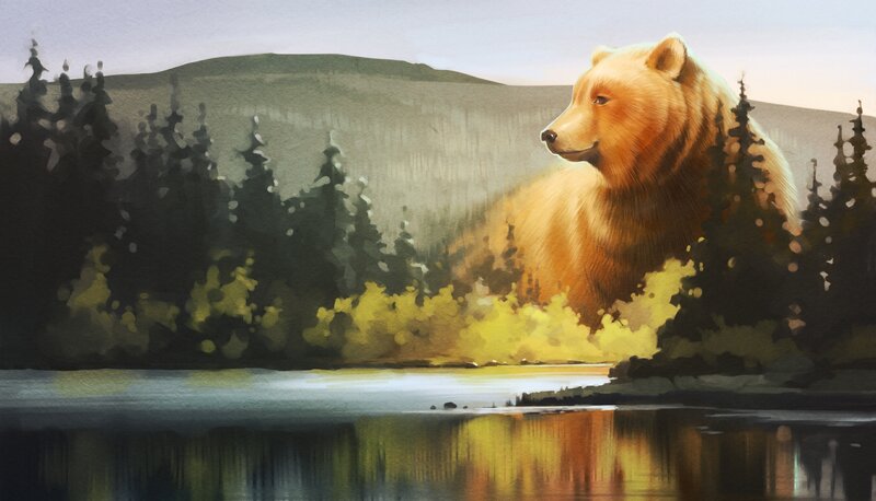 Brown Bear in Forest — Yellow, Serene