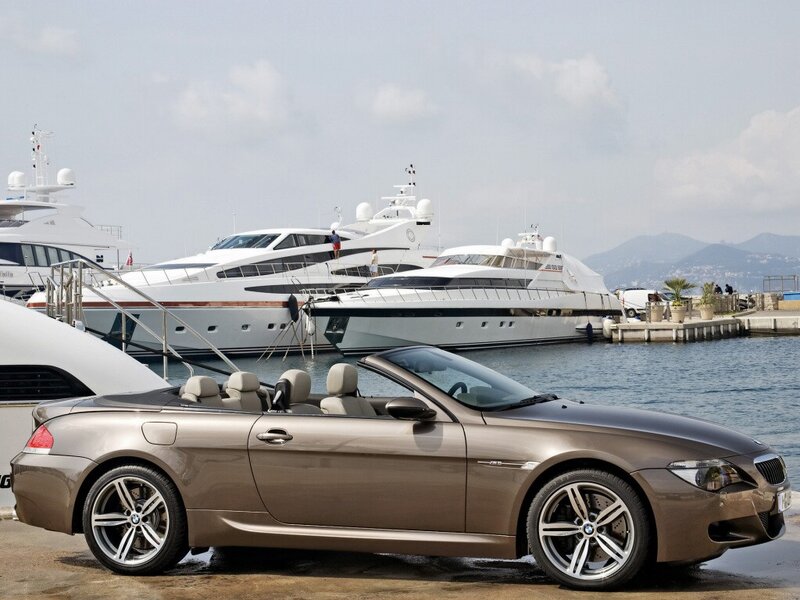 Brown BMW convertible at marina