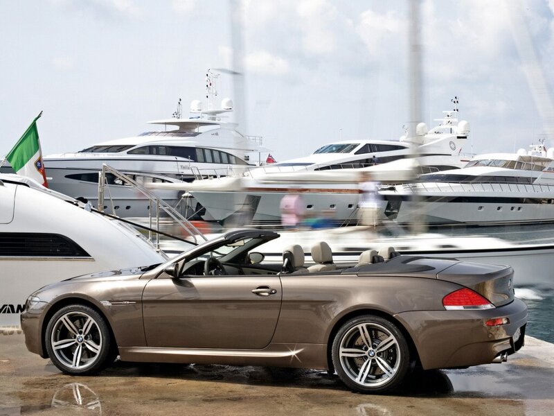 Brown BMW convertible at marina