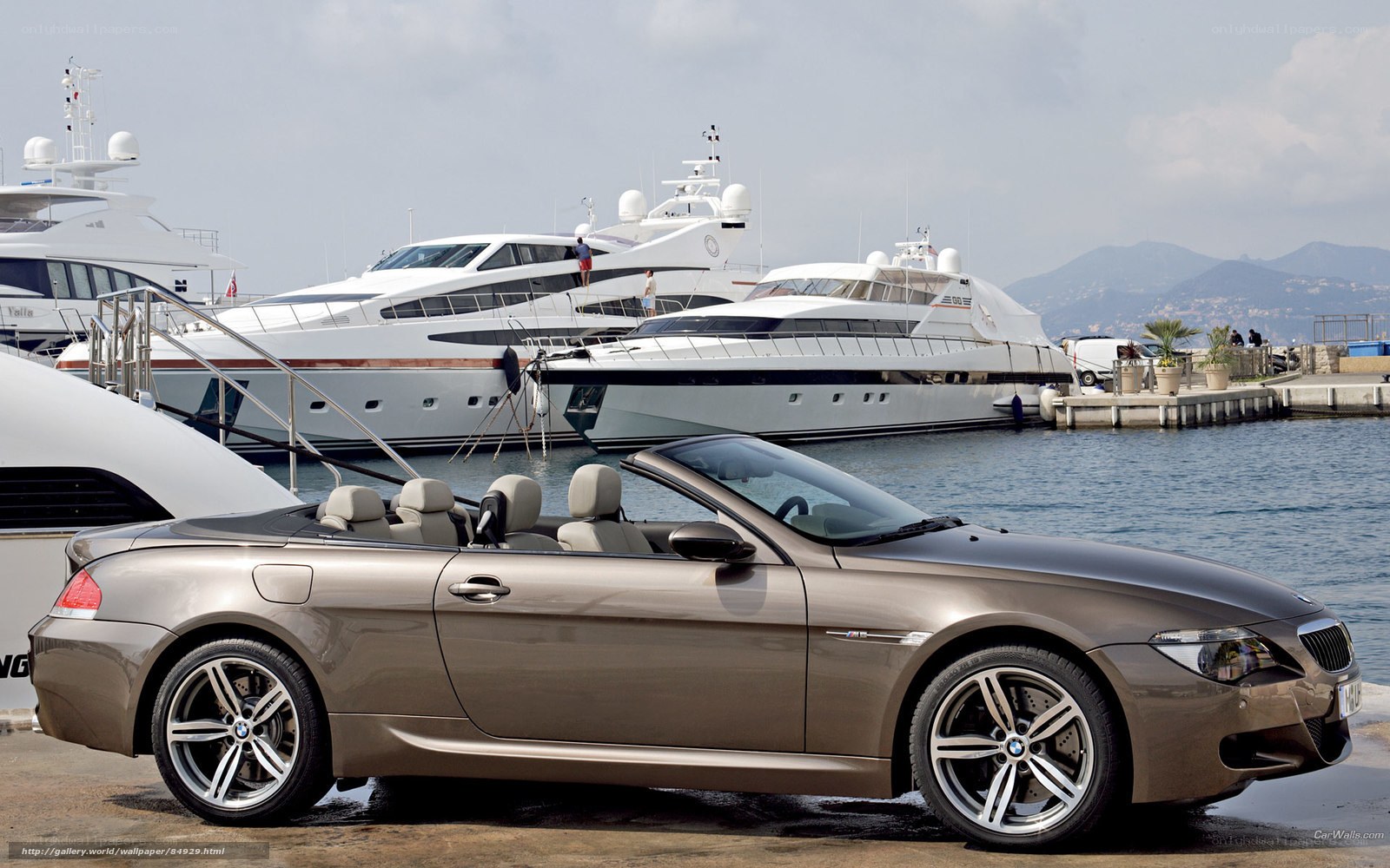 Brown BMW convertible at marina