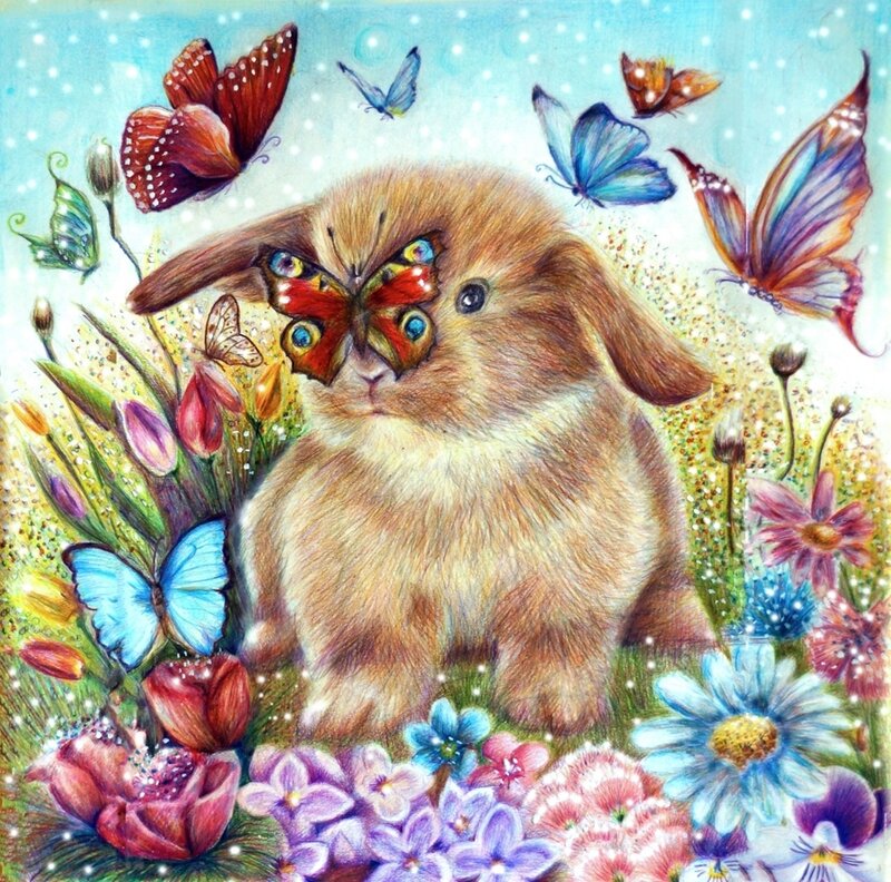 Brown Bunny with Butterflies — Blue