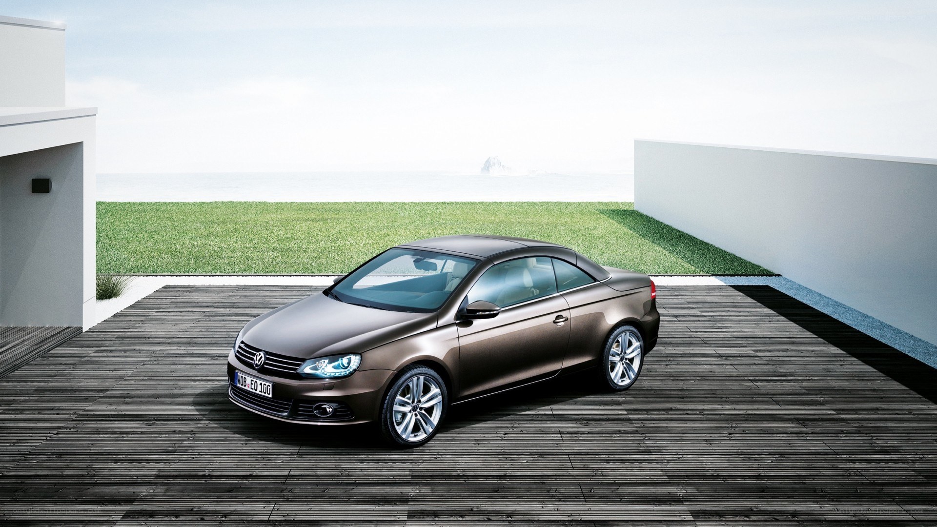 Brown convertible on wooden deck