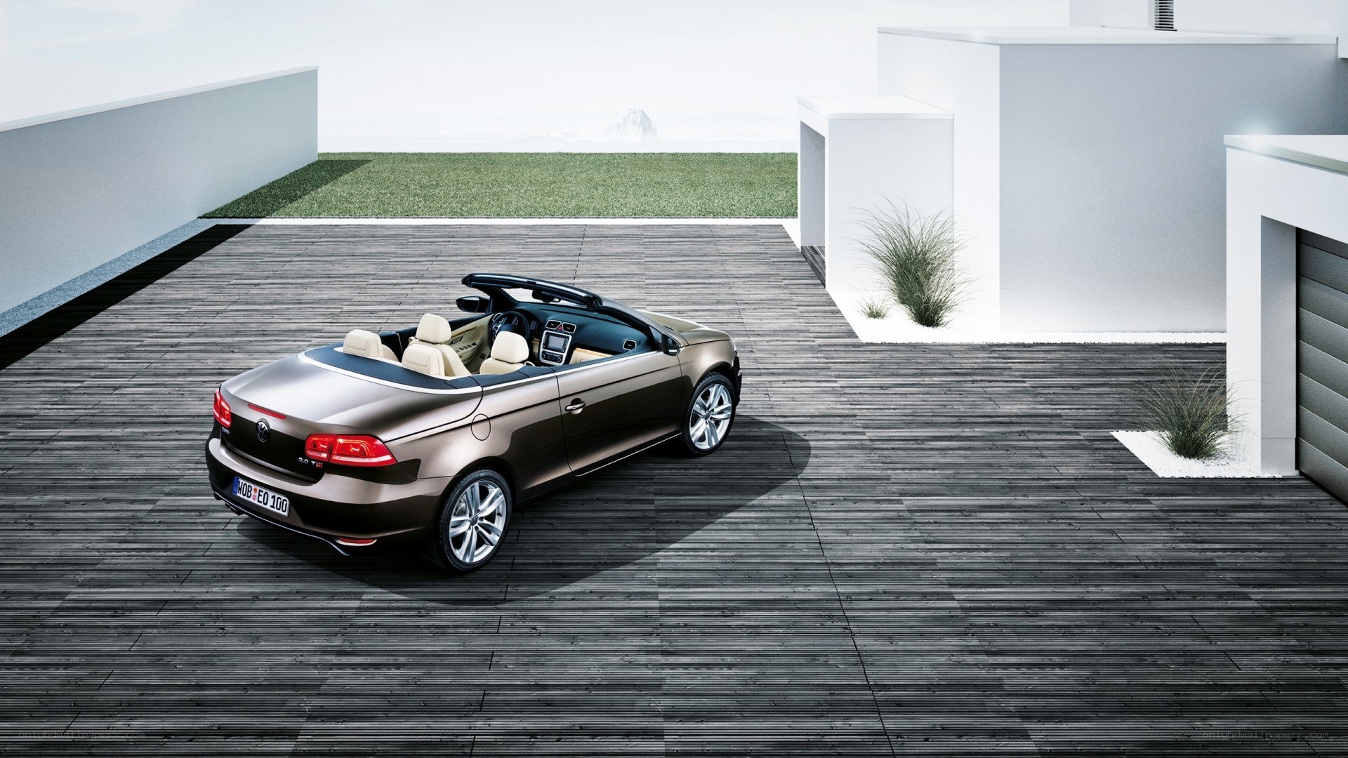 Brown convertible on wooden deck