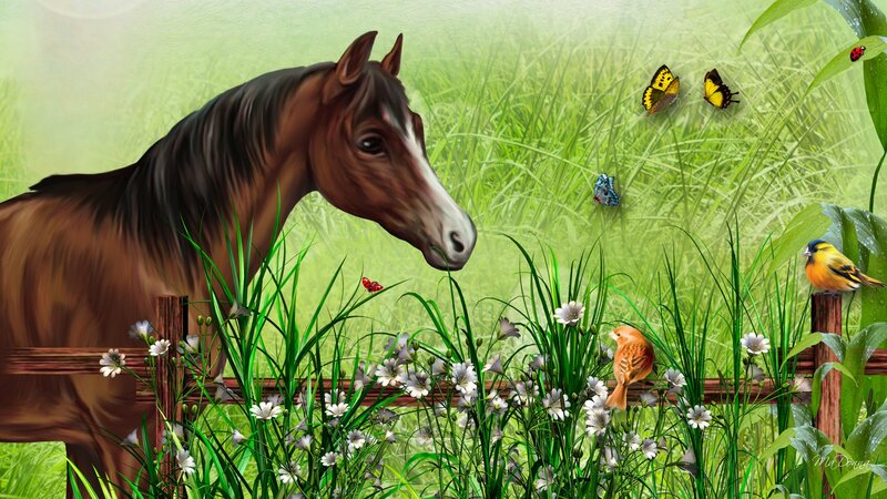 Brown Horse in Field — Green, Serene, Spring, Digital Art