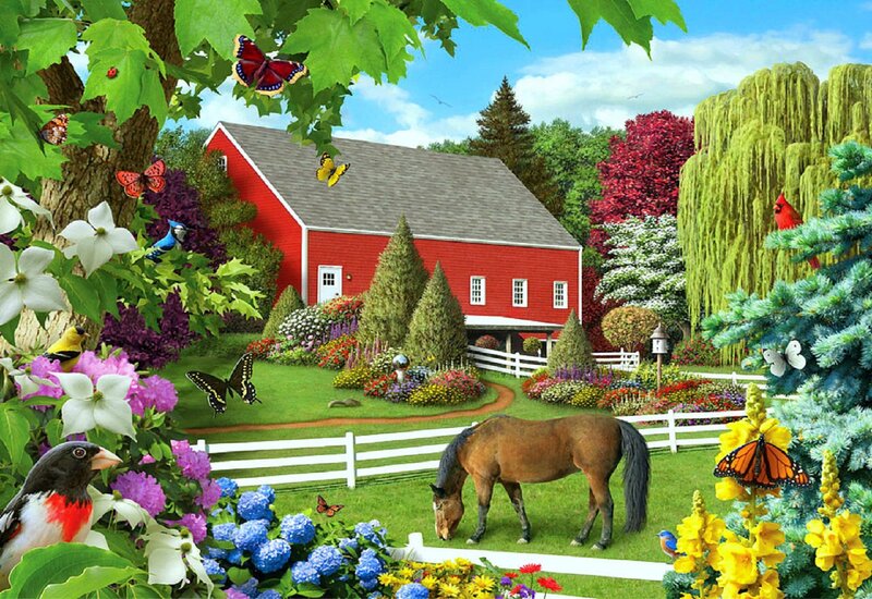 Brown Horse in Garden — Red, Serene