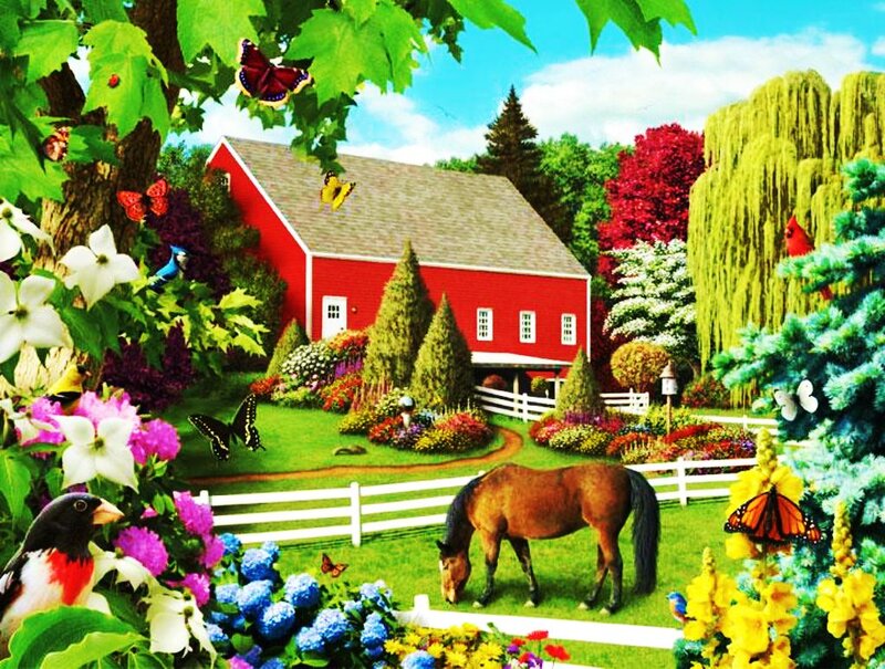 Brown Horse in Garden — Red