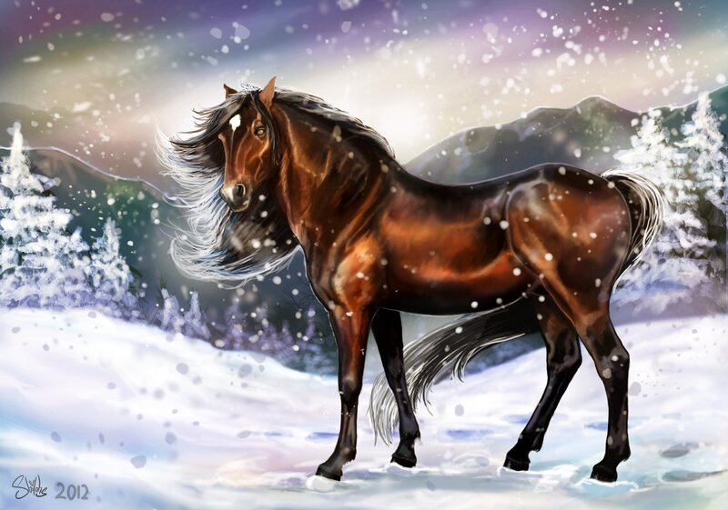 Brown Horse in Snow — Dramatic