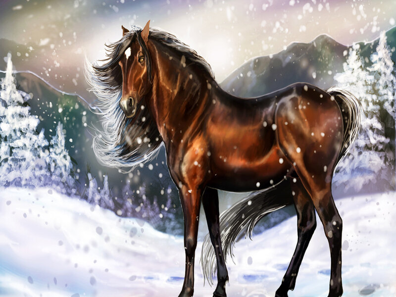 Brown Horse in Snow — Dramatic, Winter, Digital Art