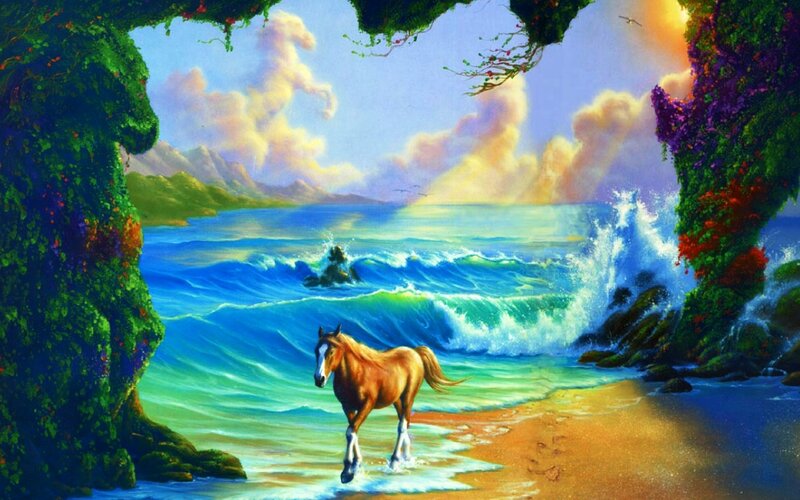 Brown Horse on Beach — Blue, Serene