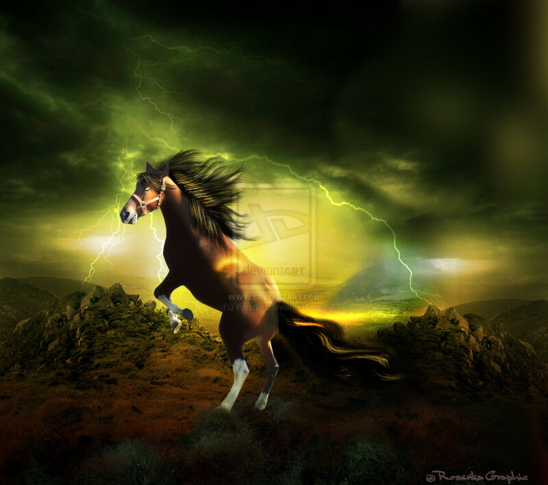 Brown Horse Rearing — Green, Dramatic, Night