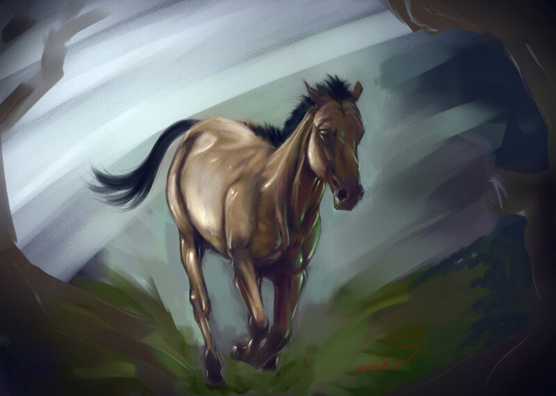 Brown Horse Running — Dramatic, Digital Art