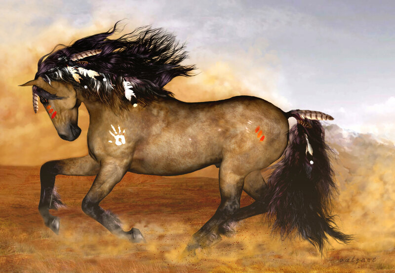 Brown Horse Running — Dramatic, Sunset, Digital Art, Feathers