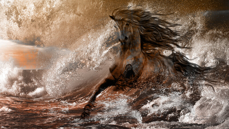 Brown Horse Running — Dramatic, Sunset, Digital Art, Water