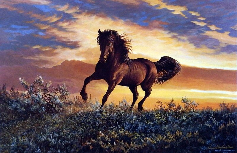 Brown Horse Running — Dramatic, Sunset, Painting