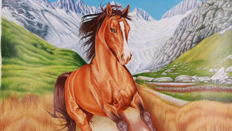 Brown Horse Running — Dynamic, Afternoon, Painting