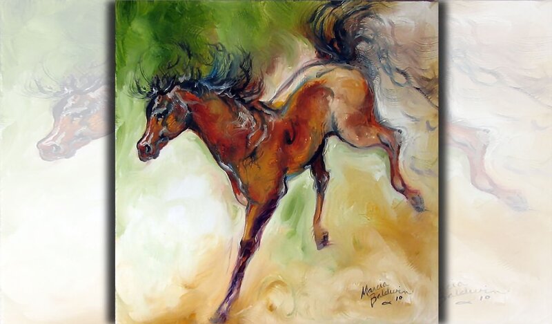 Brown Horse Running — Dynamic, Painting, Signature