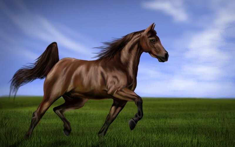 Brown Horse Running — Green, Dynamic, Afternoon, Digital Art