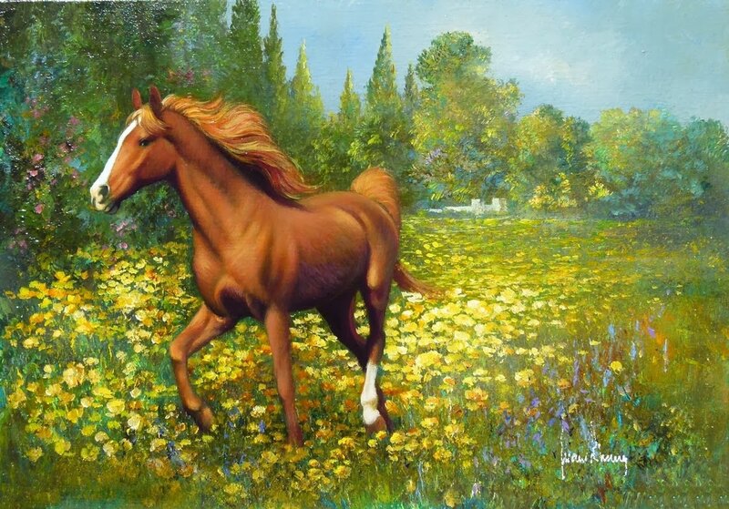 Brown Horse Running — Green, Serene, Afternoon, Painting