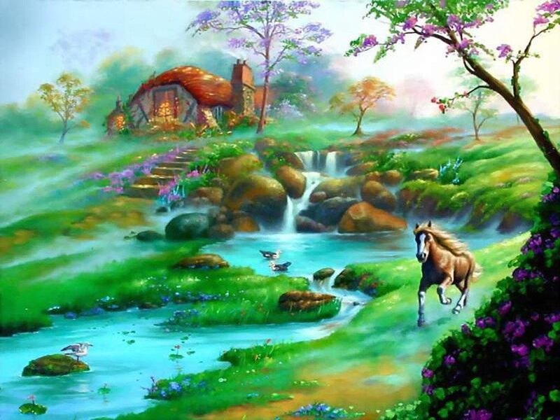 Brown Horse Running — Green, Serene, Spring, Painting