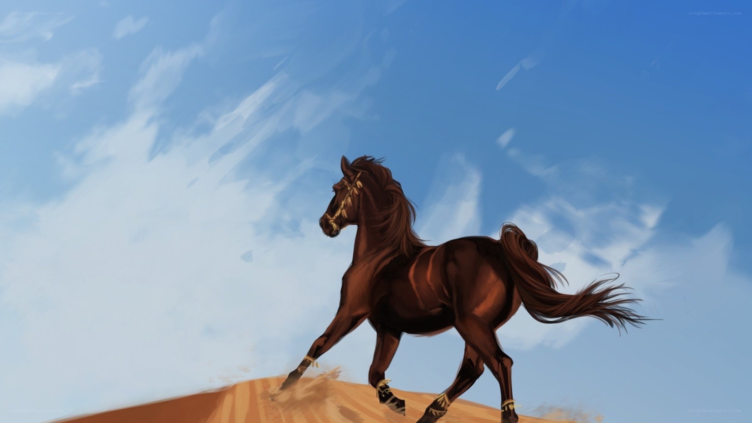 brown horse running on sand