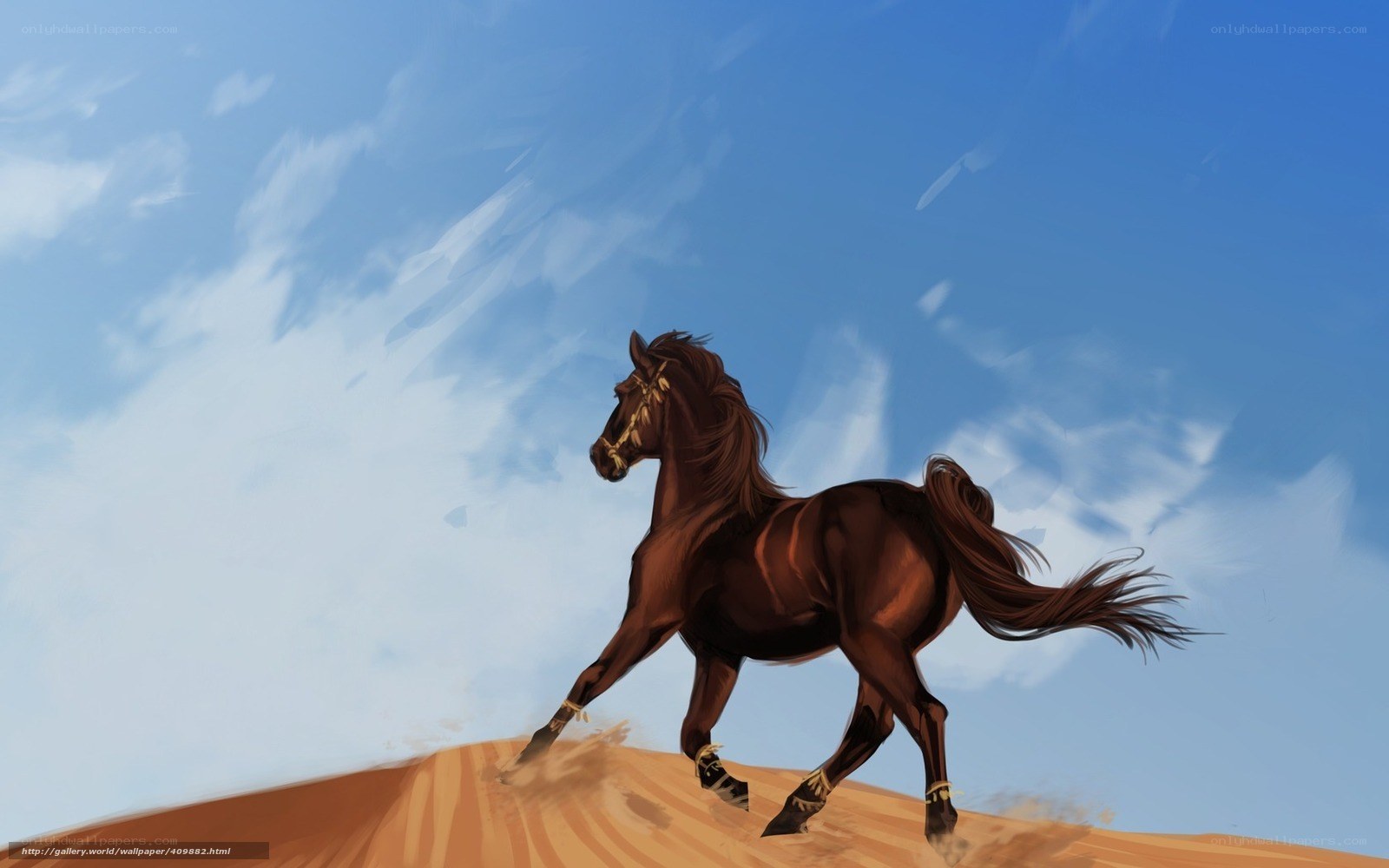 brown horse running on sand
