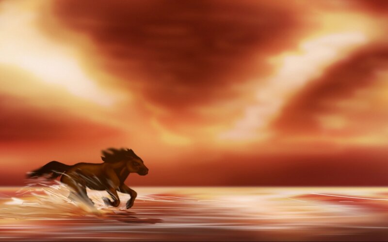 Brown Horse Running — Orange, Dramatic, Sunset, Digital Art, Sky