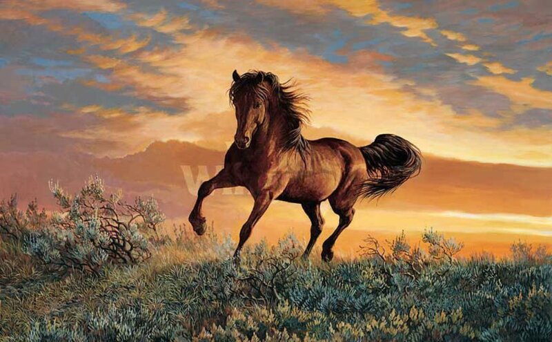Brown Horse Running — Orange, Dramatic, Sunset, Painting