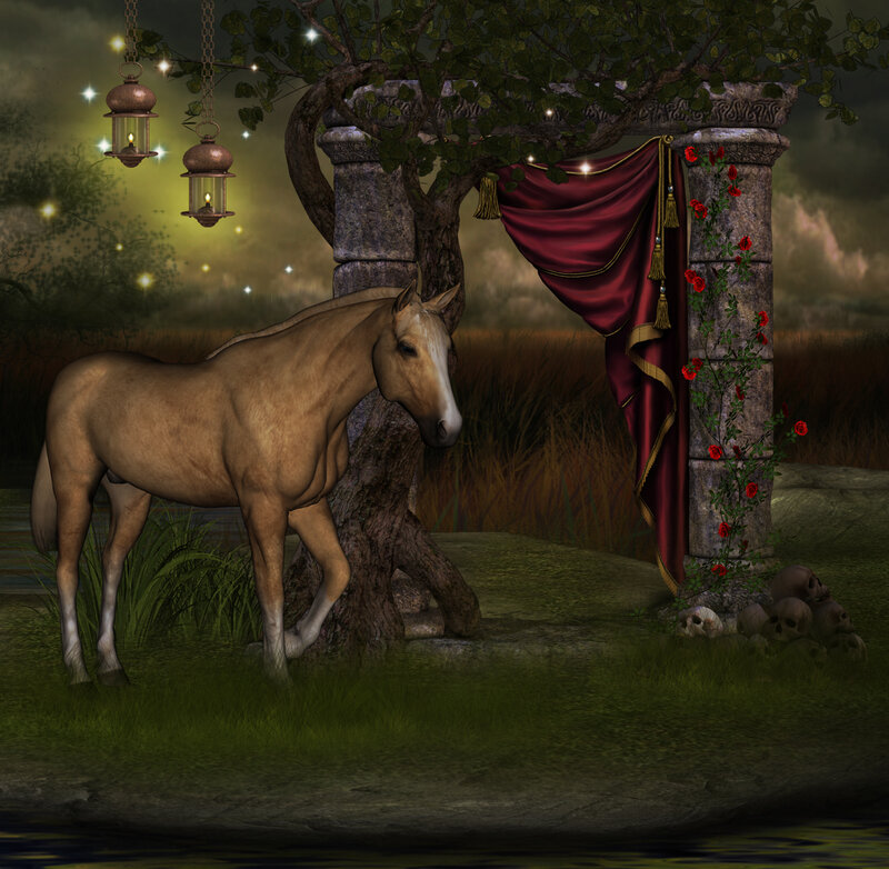 Brown Horse under Tree — Green
