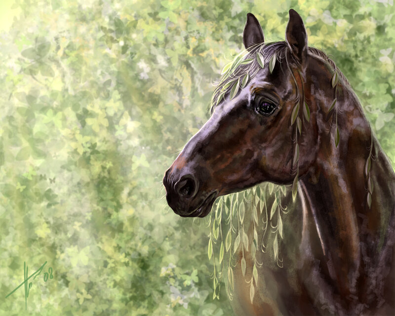 Brown Horse with Leaves