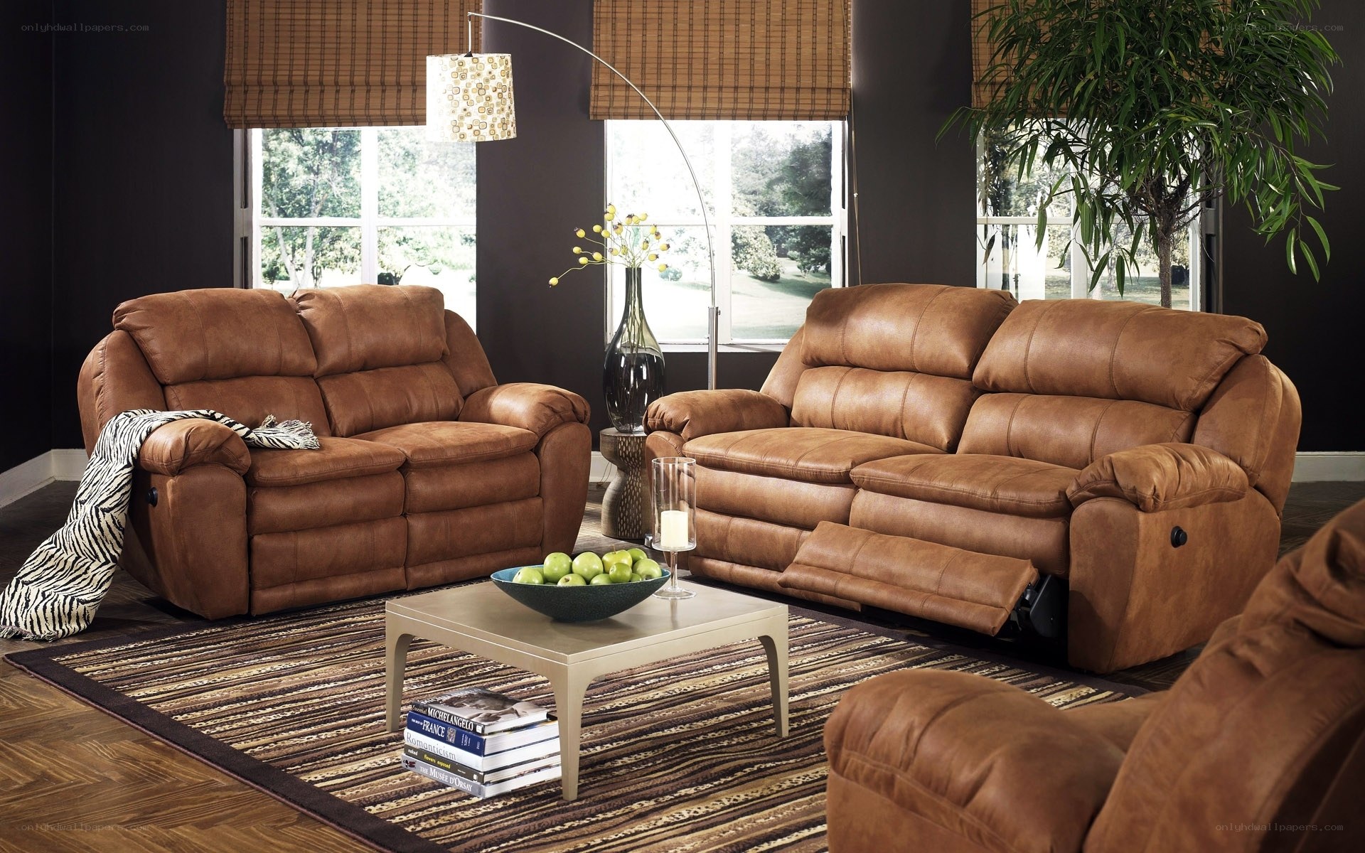 Brown leather recliner set