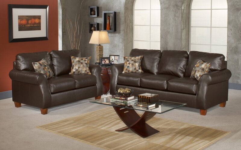 Brown leather sofa set in living room