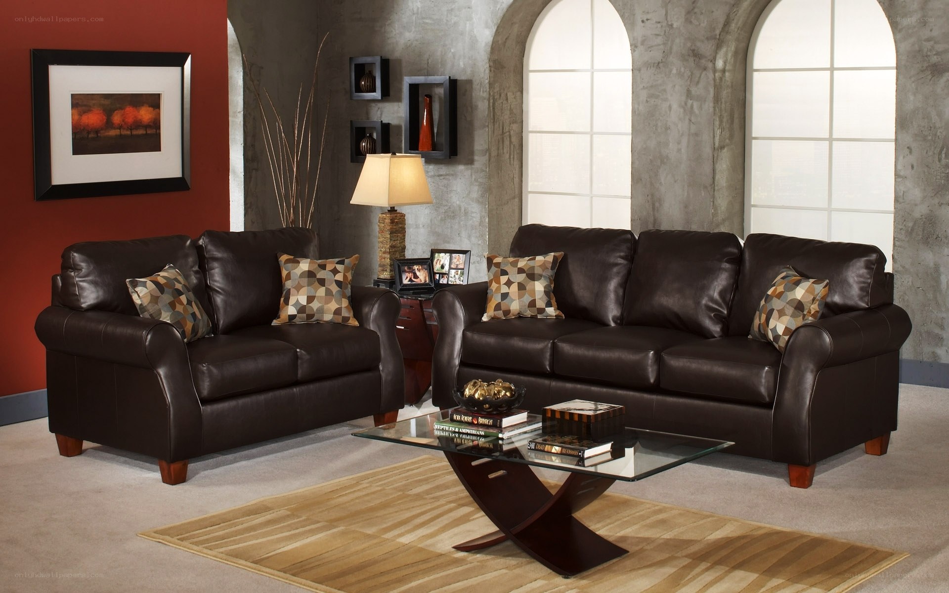 Brown leather sofa set in living room