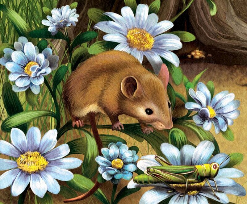 Brown Mouse in Flowers — Blue