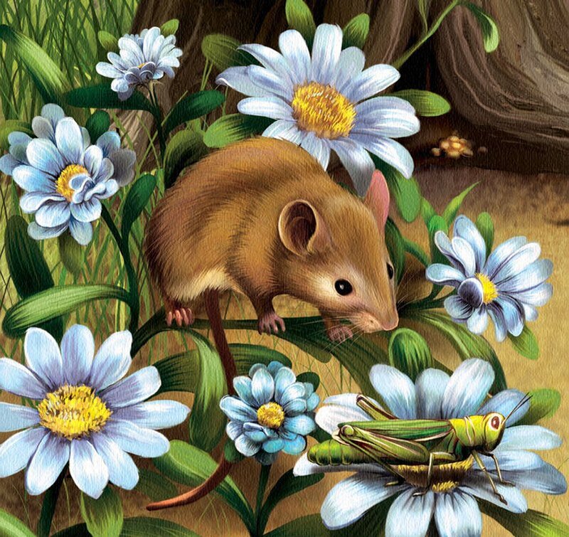 Brown Mouse in Flowers