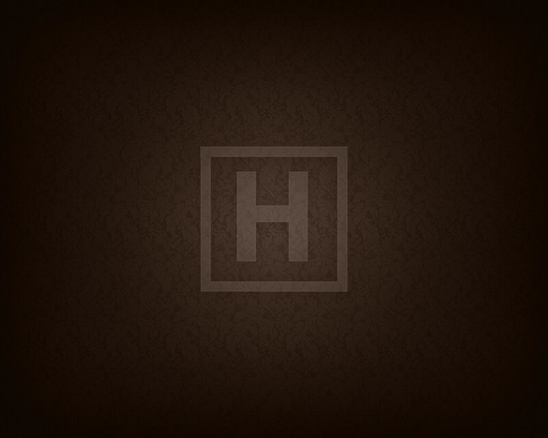 brown patterned background with H logo