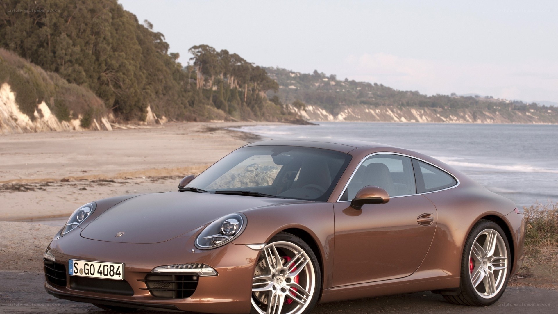 Brown Porsche on a beach