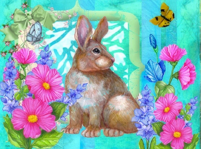 Brown Rabbit in Flowers — Pink, Cheerful