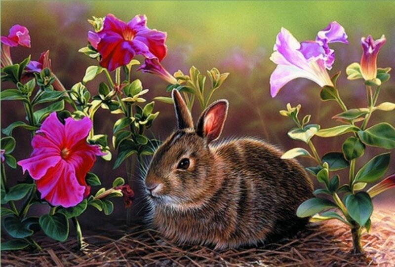 Brown Rabbit in Flowers — Purple