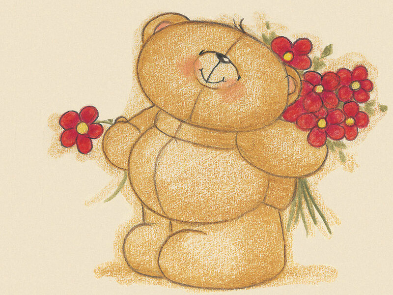 Brown Teddy Bear — Calm, Illustration, Red Flowers