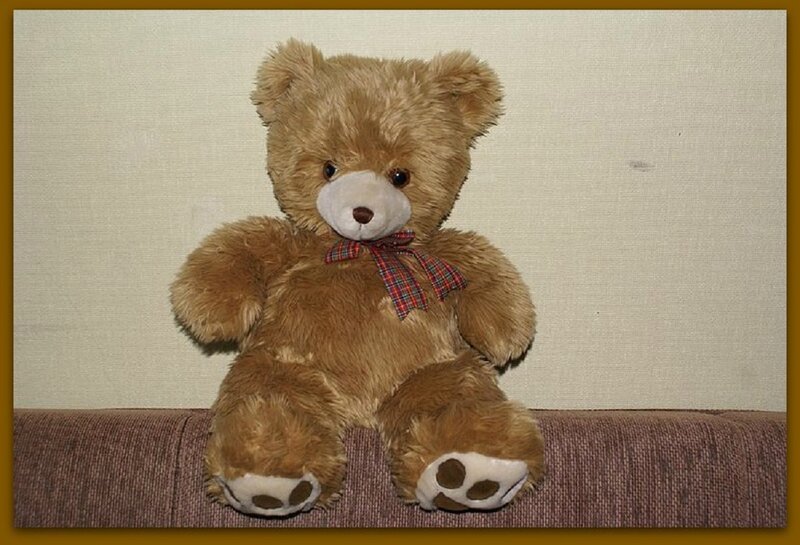 Brown Teddy Bear — Calm, Photograph, Bow Tie, Couch