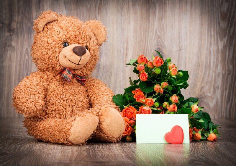 Brown Teddy Bear — Calm, Photograph, Roses, Card