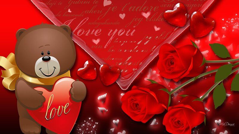 Brown Teddy Bear Holding Heart — Red