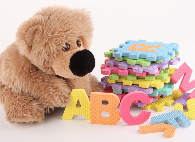 Brown Teddy Bear with Alphabet Blocks