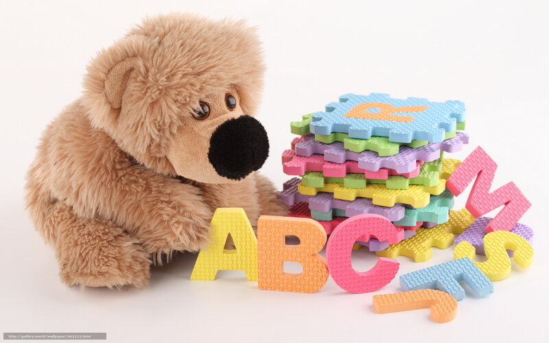 Brown Teddy Bear with Alphabet Blocks — White, Neutral