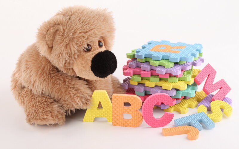 Brown Teddy Bear with Alphabet Blocks — White