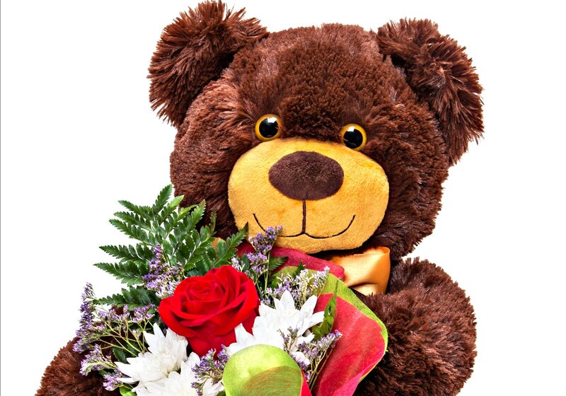 Brown Teddy Bear with Flowers