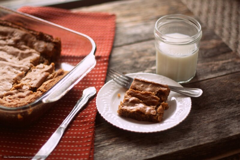 Brownies with milk on wood table
