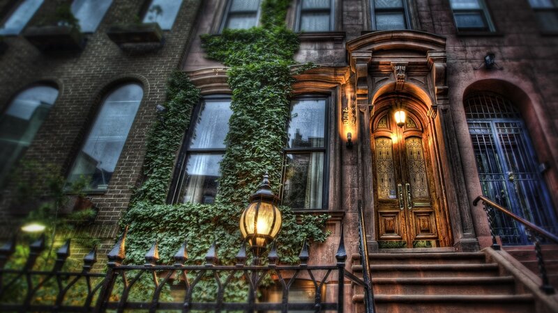 Brownstone Building Entrance — Green, Dramatic